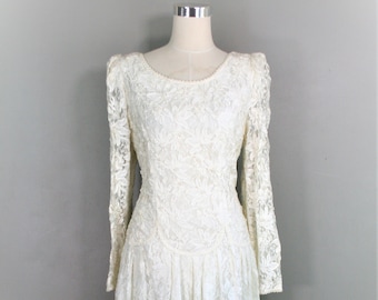 Backyard Bride - Circa 1970-80 - Beaded Lace - Drop Waist - by Marie St Claire - Marked size 12