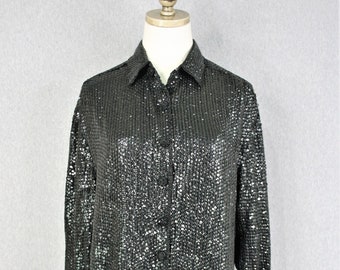 1990s' - Beaded and Sequined - Trophy - Sparkle - Tunic - Buttondown -  Shirt - Blouse - by Icing