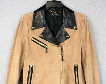 GUCCI - Leder Bomberjacke - Wildleder - Schwarz / Braun - Ausgezeichnete Größe 40 - Geschätzte US-Größe Medium