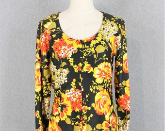 1970s - Yellow/Orange Floral on Black - Scoop Neck - Mid Century Mod - by Wards - Estimated size L