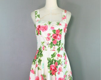 1980s - Summer Time Socialite - Cotton Damask - Floral Print - Sundress - Lined - Estimated Size  S 4/6 - Wedding Guest - Sundress