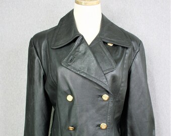 1990s - Leather Jacket - Double Breased - Lew Magram - Marked size 12