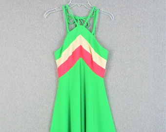 1970s - Melon/Coconut/Lime -  Mod - Color Blocked - Green /Beige/Pink - Halter - Sundress Maxi - Estimated size 4/6