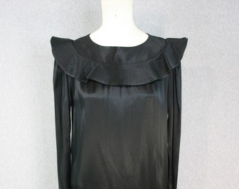 1980-90s - ALBERT NIPON - Black - Cocktail Dress - Ruffled - Sleek - Estimated size 10/12