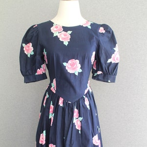 1980s Puff Sleeve Tea Dress Cotton Navy Blue /Floral by Eber image 1