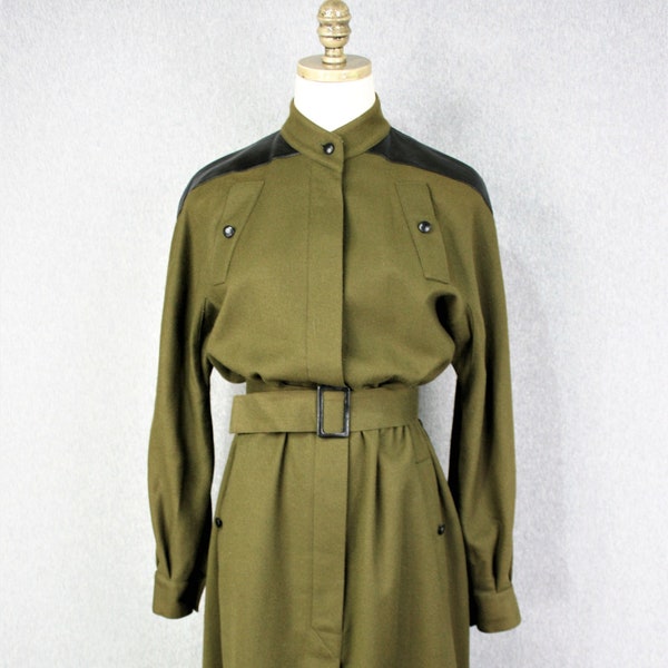 1980s - Guy Laroche - Wool Coat Dress - Leather Shoulder -  Military - Minimal - Couture - Paris - Marked French 32