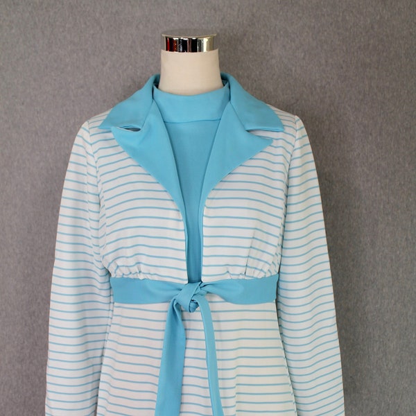 1970s Pastel Blue Striped Maxi Dress- Vintage Playsuit- Mockneck- Resort Wear- Size 8/10