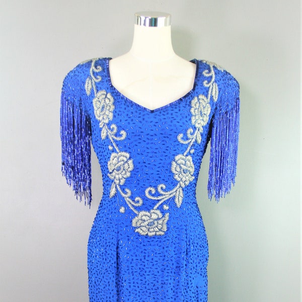 Oleg Cassini - Sample - Blue Beaded - Cocktail Dress - Trophy Dress - Sparkle Dress - Medium