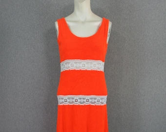 Neon Orange - 1970s - Dress/ Beach Cover Up - Terrycloth/Lace - Estimated size M