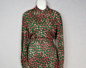 1970s - Lanz - Wool or Wool Blend Knit - Pink Floral on Green Field - Estimated size S