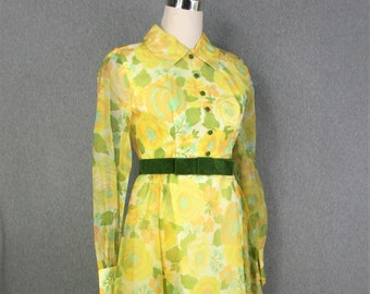 1960's - Yellow Floral Organza - Formal - Party Dress - Metal Zipper - Estimated size 4/6