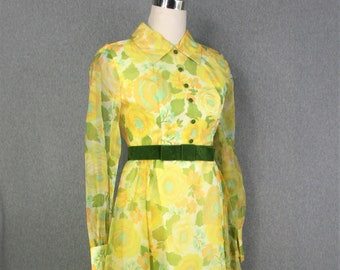 Années 1960 - Organza Floral Jaune - Formel - Robe de soirée - Fermeture éclair en métal - Taille estimée 4/6