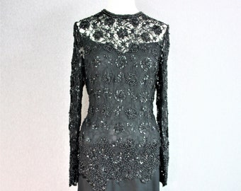 1990s, Demure Black Beaded, Cocktail Gown, by Judith Ann Creations, Marked size L