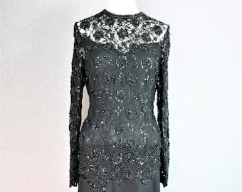 1990er Jahre, Demure Black Beaded, Cocktailkleid, von Judith Ann Creations, Größe L