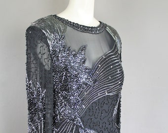 Beaded Cocktail Dress - Black Tie - Beaded - Sequin - Rhinestone -Black - Gunmetal beading - Black Beading - Estimated size 12