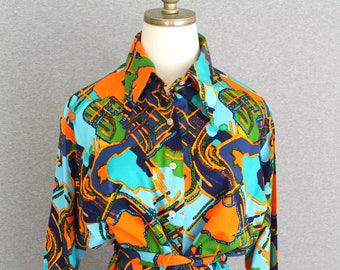 1970's - Belted Button Down Blouse - Mid Century Mod - Neon - Estimated size XL