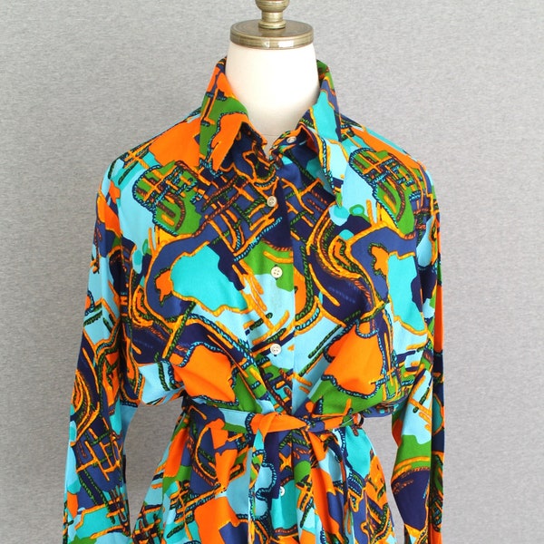 1970's - Belted Button Down Blouse - Mid Century Mod - Neon - Estimated size XL