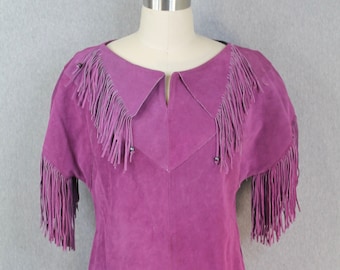 Vintage 1970s Pioneer Wear - Purple Suede Fringe Top - Leather Fringe Top - Vintage Western Wear