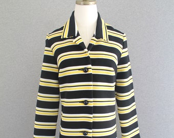 Honey Bee - 1960s -Mid Century Mod - Ribbed Polyester Knit - Coat/Dress - Black/Yellow /White - Estimated size L