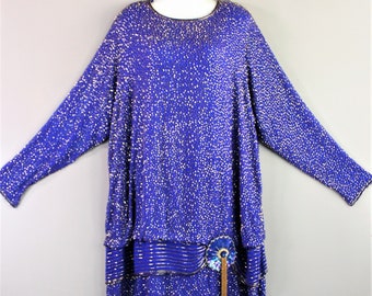 1980s, Live'n My Best Life, Beaded Trophy Dress, Drop waist , Cocktail Dress, by AJ BARI - Size 3X ,Gatsby Flapper Style - Royal Blue