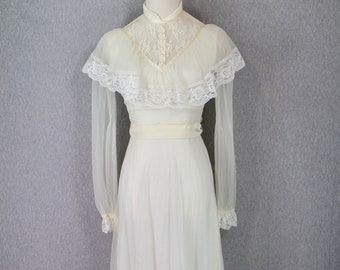 1970s Ivory Lace Wedding Dress - Prairie Dress - Cottage Core -Peasant Blouse - Mockneck - Boho Hippie Wedding Gown