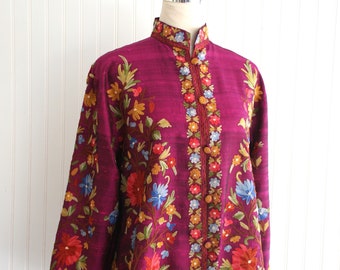 Magenta - Chainstitch Embroidery - Raw Silk - Tunic/Jacket - by Tanjore - Estimated size L