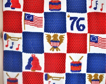 Spirit of '76 - Circa 1976 Crochet Afghan - Rouge Blanc Bleu - Patriotique