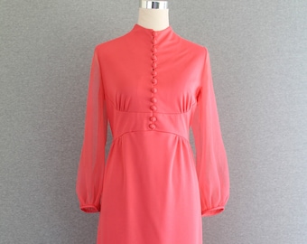 Anni '70 - Corallo - Manica trasparente - Abito da festa - Maxi - di Jerri Lurie - Taglia 14 contrassegnata - Coppia con accessori dorati
