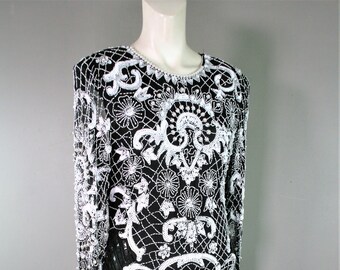 1880s , 1990s, Trophy Dress - Sparkle Cocktail Dress -  Black and White - Beaded and Sequined - Estimated size S/M