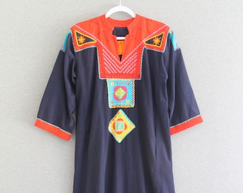 1970s - JOSEFA - Mexican Designer -Cotton-  Kaftan - Embroidered - Color Blocked  - Resort wear - Dark Blue/Red/Turquoise/Yellow