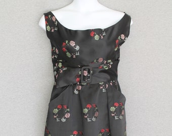 Shaheen - 1950-60s - Wiggle Dress - Cocktail Dress - Black Satin - Estimated size 14