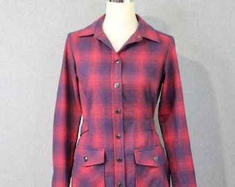 Vintage Pendleton Plaid Wool Shirtdress - Red and Blue Plaid - Long Sleeve - Buffalo Plaid, Tartan - Size XS