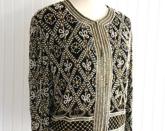 Beaded - Cocktail Jacket - Gold beading and Pearls on black silk - Marked size L