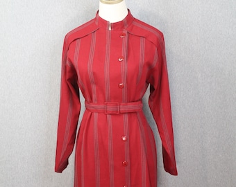 1960s 1970s Striped Shirtdress - Petites by R&K - Red Shirt Waist Dress - Long Sleeve