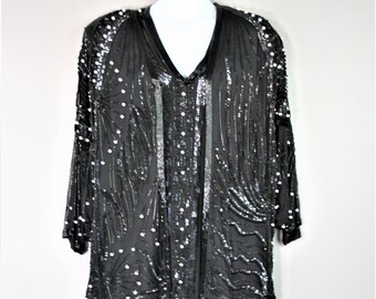 1980's , Black Flapper, Drop Waist , Two Piece - Black Beading Pearls,  Sheath and Duster, Gatsby Art Deco Styling, Size L/XL