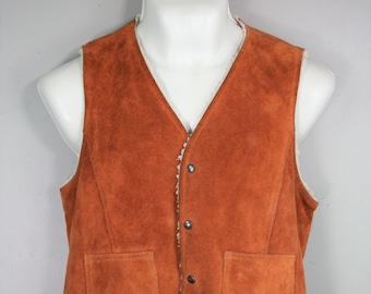 May include: A brown suede vest with a sherpa lining and two front pockets. The vest has a button closure.