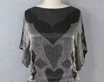 1980s, 80s - Black and Silver Beaded Party Top - Ace - Queen of Hearts - Cocktail Party