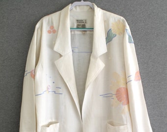 Década de 1980 - Lino - Blazer de gran tamaño - Aplique de concha de mar - De gran tamaño - Tamaño marcado 8 - por Mercedes y Adrienne