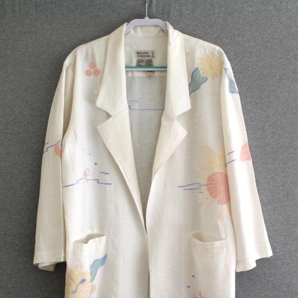 1980s - Linen - Oversized Blazer - Sea Shell Applique - Oversized - Marked size 8 - by Mercedes and Adrienne