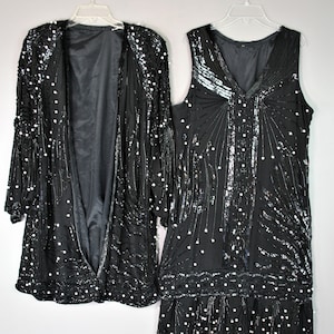 1980's , Black Flapper, Drop Waist , Two Piece - Black Beading Pearls,  Sheath and Duster, Gatsby Art Deco Styling, Size L/XL