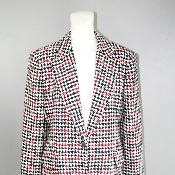 1980s Wool Blazer by Geist- Houndstooth Pattern- Preppy Plaid Jacket- Marked size 8