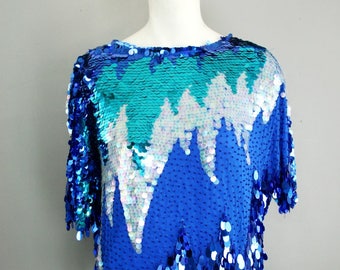 1970s Blue Sequin Top by Swee Lo - Beaded Sequin Cocktail Top - Size Small
