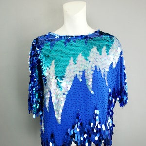 1970s Blue Sequin Top by Swee Lo - Beaded Sequin Cocktail Top - Size Small