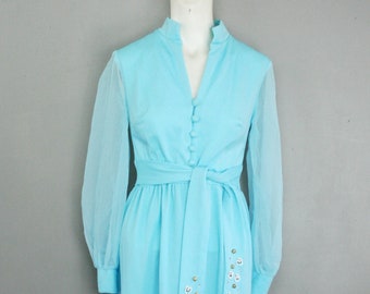 1970s , Turquoise, Aqua, Hostess Dress, Maxi, Sheer Sleeve Hollywood Regency - Circa 1970s - Estimated 4/6