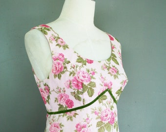 1960s-70s Blush Chiffon Party Dress- Prairie Rose Maxi, Floral Print- Size S/M