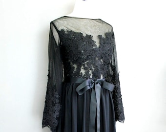 1980s Couture Black Lace Evening Gown- Long Sleeve Formal Dress- Size Large- 12/14