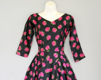 1940-50's -Silk Taffeta Rose Print Dress by Ben Reig- Size 2/4