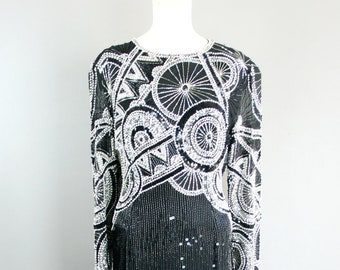 1990s Oleg Cassini Black Beaded Evening Gown- Formal Cocktail Dress- Size L/XL