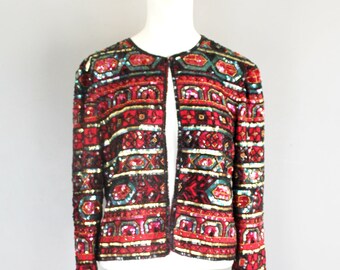 1980s Red Beaded Cocktail Jacket // Holiday Party // by Papell Boutique- Size Small