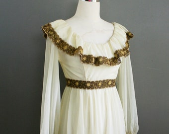 1970's Cream Chiffon Prairie Dress- Boho Hippie Maxi- Size Small 2/4